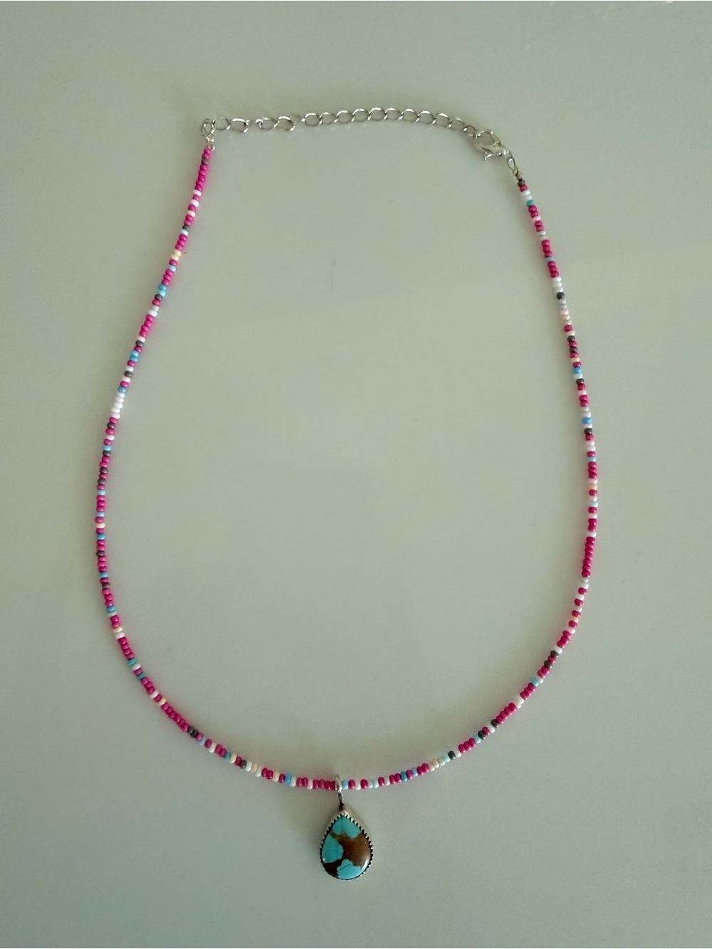 Pink Bead Necklace with Number 8 Turquoise Teardrop Pendant - Picture 3 of 3